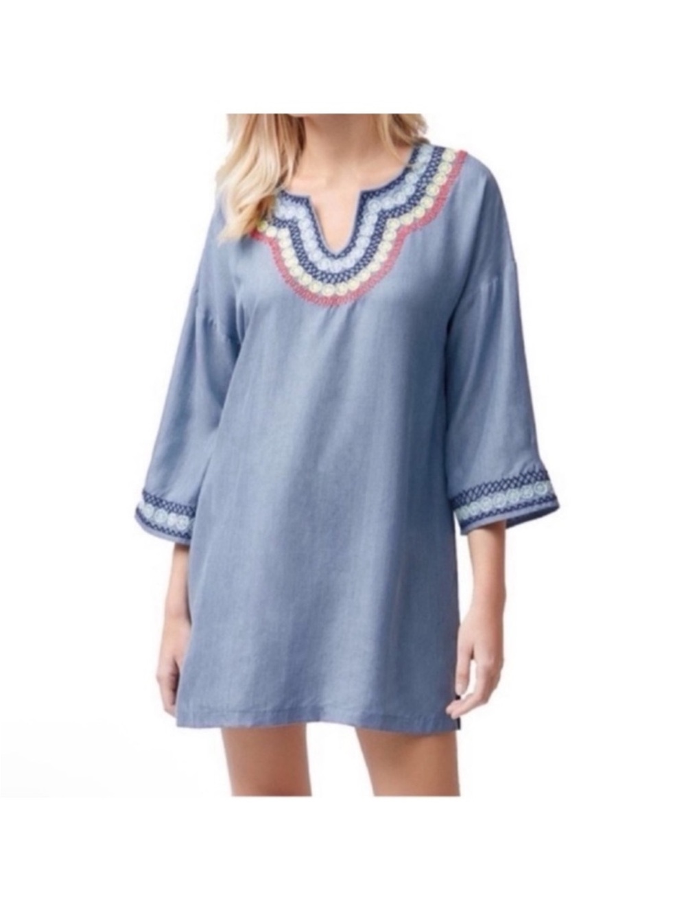 Tommy Bahama Embroidered Chambray Dress Sz S Blue Red mini V Neck A Line